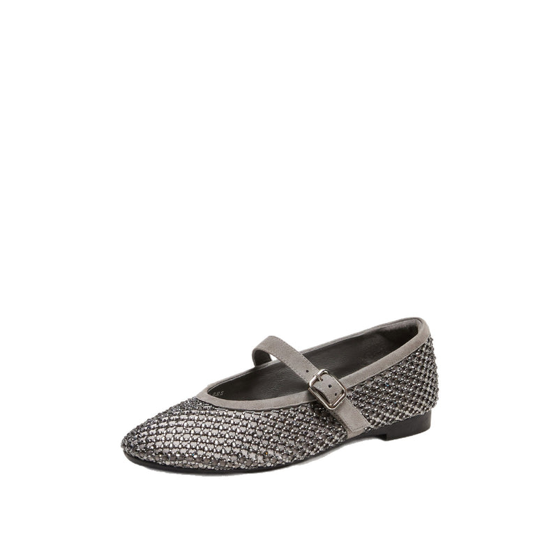 Women's Rhinestone Fishnet Mary Jane Flats in Gray, side view