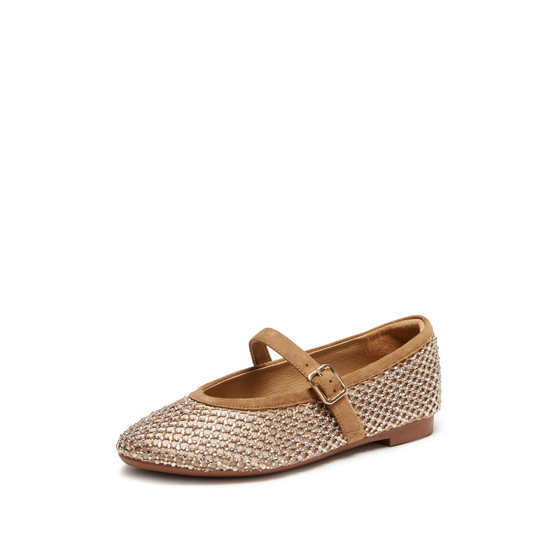Women's Rhinestone Fishnet Mary Jane Flats in Milk Coffee Brown, side view