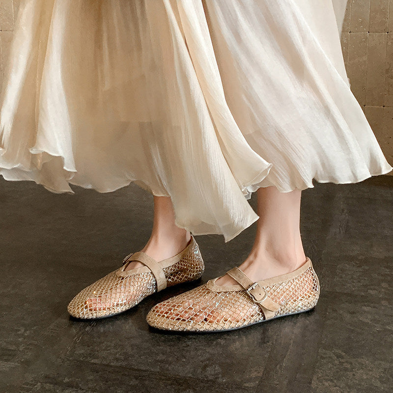 Women's Rhinestone Mesh Mary Jane Ballet Flats in Apricot, front view
