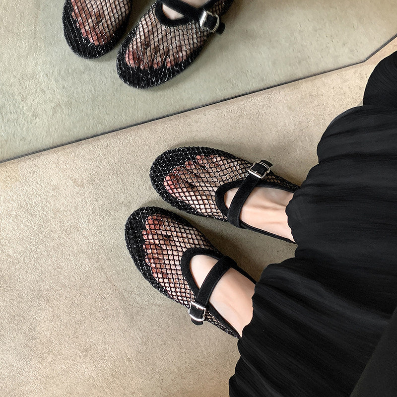 Women's Rhinestone Mesh Mary Jane Ballet Flats in Black, front view