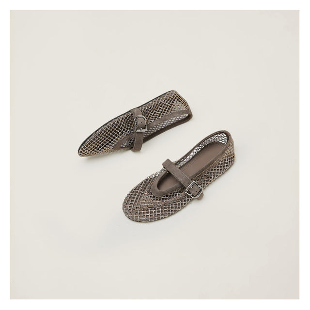 Women's Rhinestone Mesh Mary Jane Ballet Flats in Grey, side view