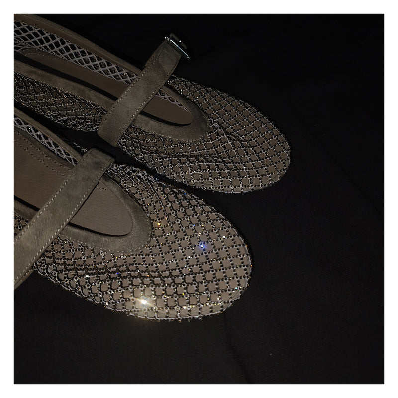 Women's Rhinestone Mesh Mary Jane Ballet Flats in Grey, detail