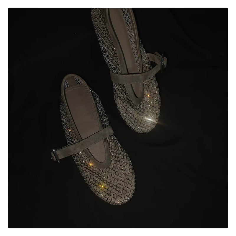 Women's Rhinestone Mesh Mary Jane Ballet Flats in Grey, detail
