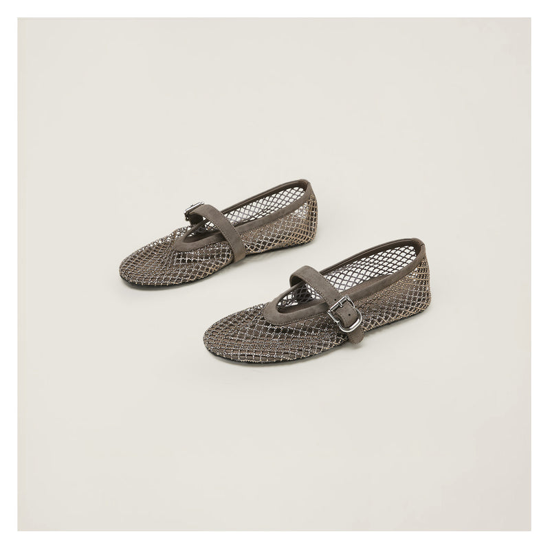 Women's Rhinestone Mesh Mary Jane Ballet Flats in Grey, side view