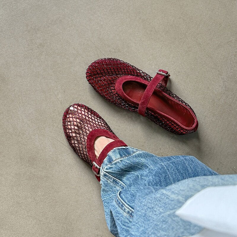 Women's Rhinestone Mesh Mary Jane Ballet Flats in Wine Red, front view