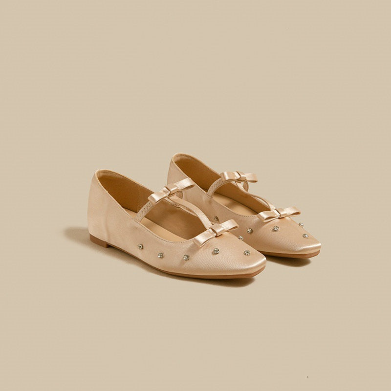 Women's Rhinestone Square Toe Platform Mary Jane Shoes in Beige, front view