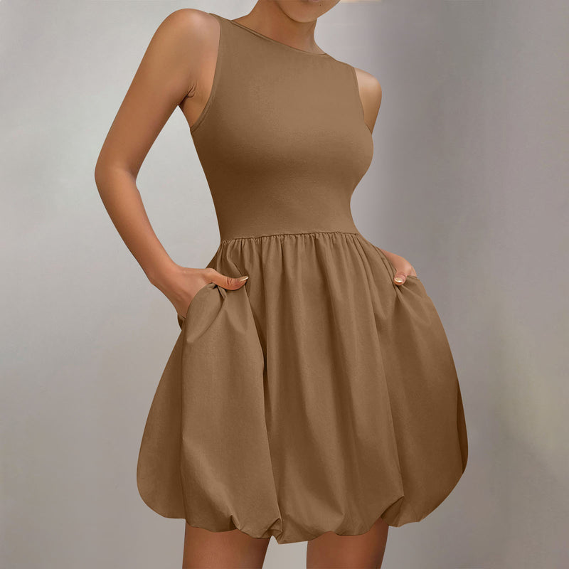 Women's Round Neck Bubble Hem Sleeveless Dress in Apricot, front view