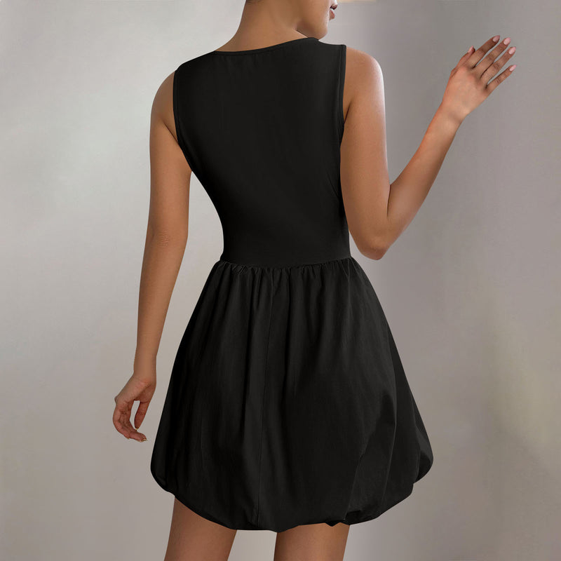 Women's Round Neck Bubble Hem Sleeveless Dress in Black, back view
