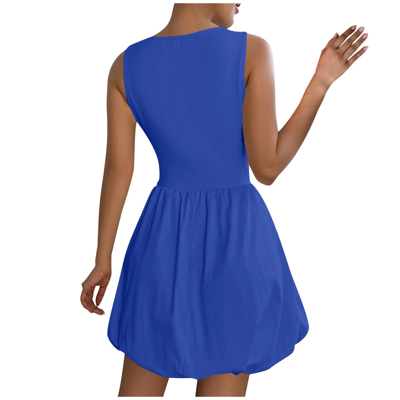 Women's Round Neck Bubble Hem Sleeveless Dress in Blue, back view