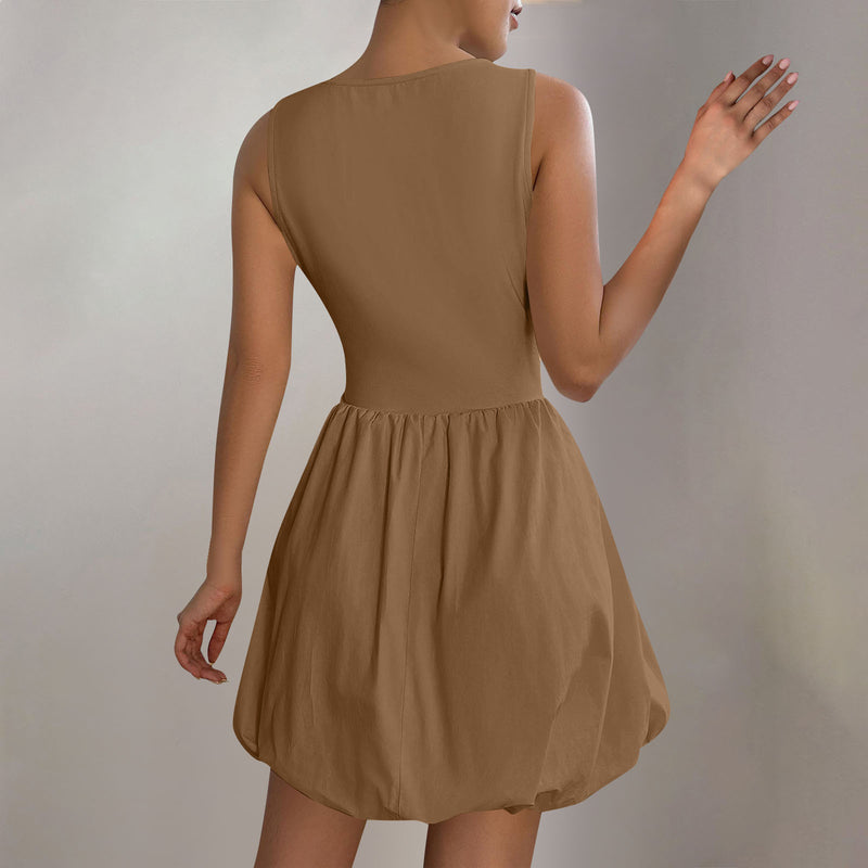 Women's Round Neck Bubble Hem Sleeveless Dress in Khaki, back view