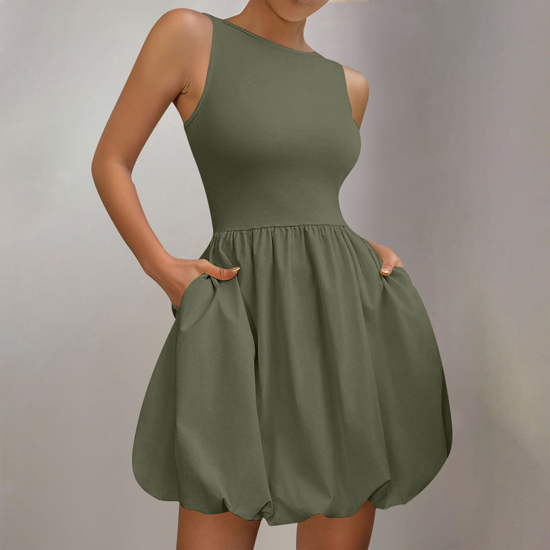 Women's Round Neck Bubble Hem Sleeveless Dress in Navy Blue, front view