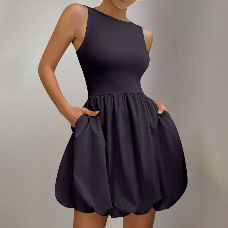 Women's Round Neck Bubble Hem Sleeveless Dress in Navy Blue, back view