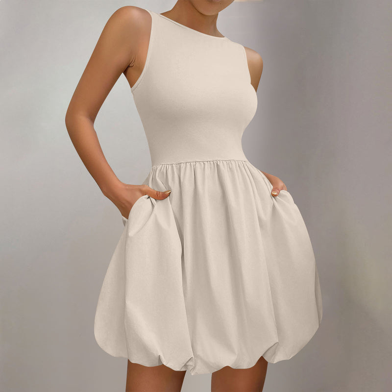 Women's Round Neck Bubble Hem Sleeveless Dress in White, front view