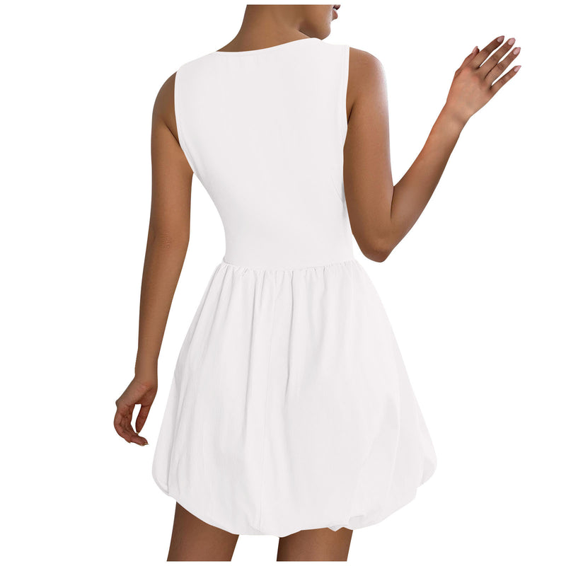 Women's Round Neck Bubble Hem Sleeveless Dress in White, back view