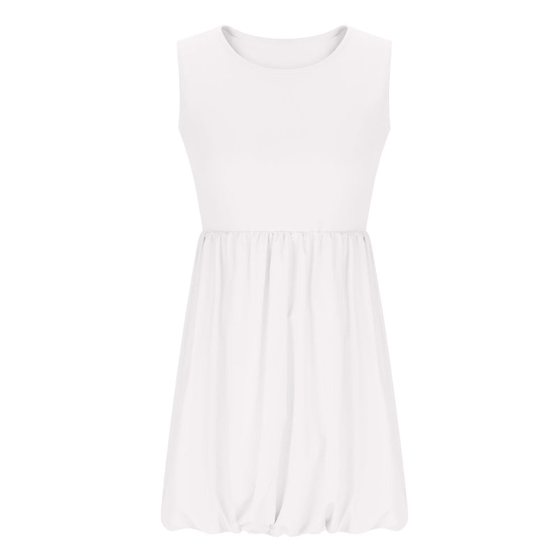 Women's Round Neck Bubble Hem Sleeveless Dress in White, front view