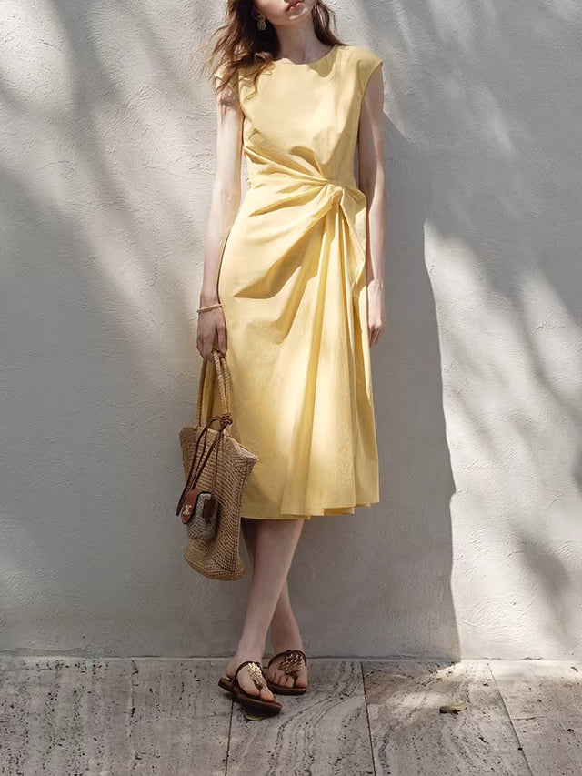Women's Round Neck Twist-Waist Sundress in Pudding Yellow, front view