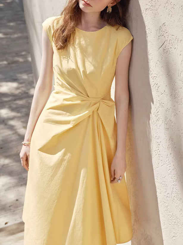 Women's Round Neck Twist-Waist Sundress in Pudding Yellow, front view