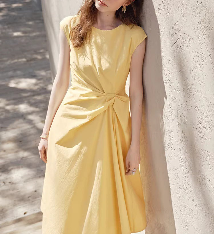 Women's Round Neck Twist-Waist Sundress in Pudding Yellow, front view