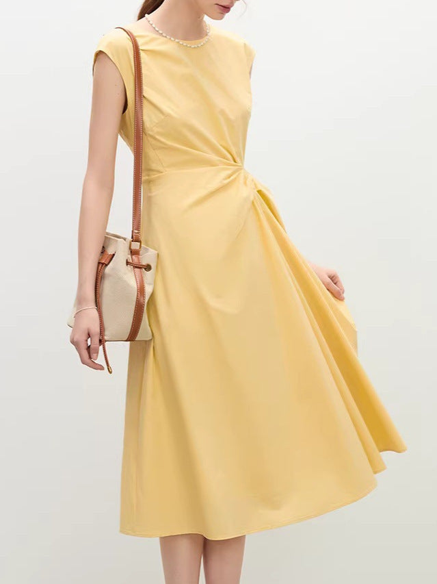 Women's Round Neck Twist-Waist Sundress in Pudding Yellow, front view