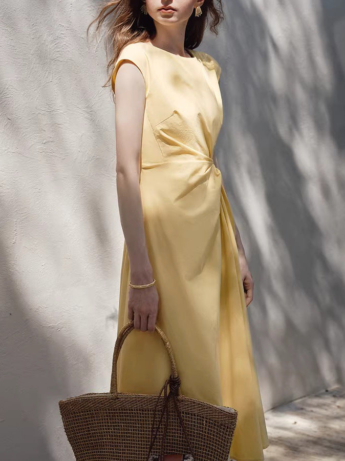 Women's Round Neck Twist-Waist Sundress in Pudding Yellow, side view