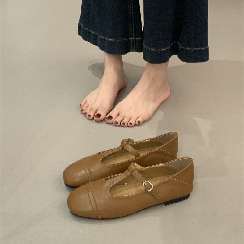 Women's Round Toe T-Strap Mary Jane Flats in Brown, front view