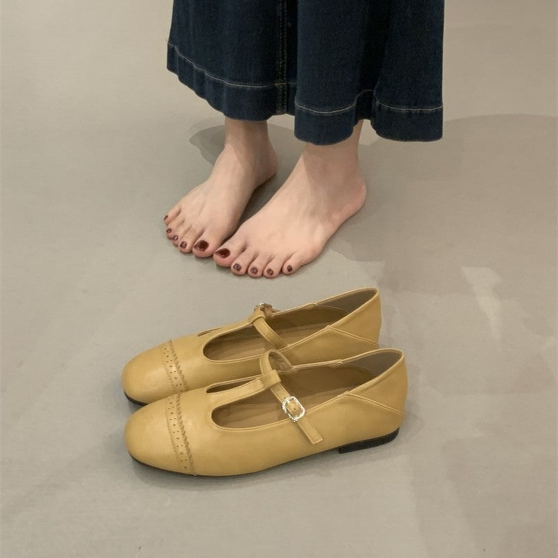 Women's Round Toe T-Strap Mary Jane Flats in Camel, front view