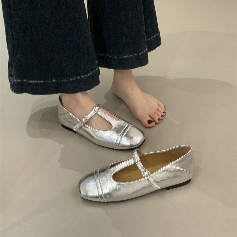 Women's Round Toe T-Strap Mary Jane Flats in Silver, front view