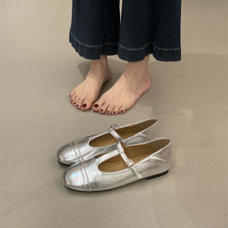 Women's Round Toe T-Strap Mary Jane Flats in Silver, front view