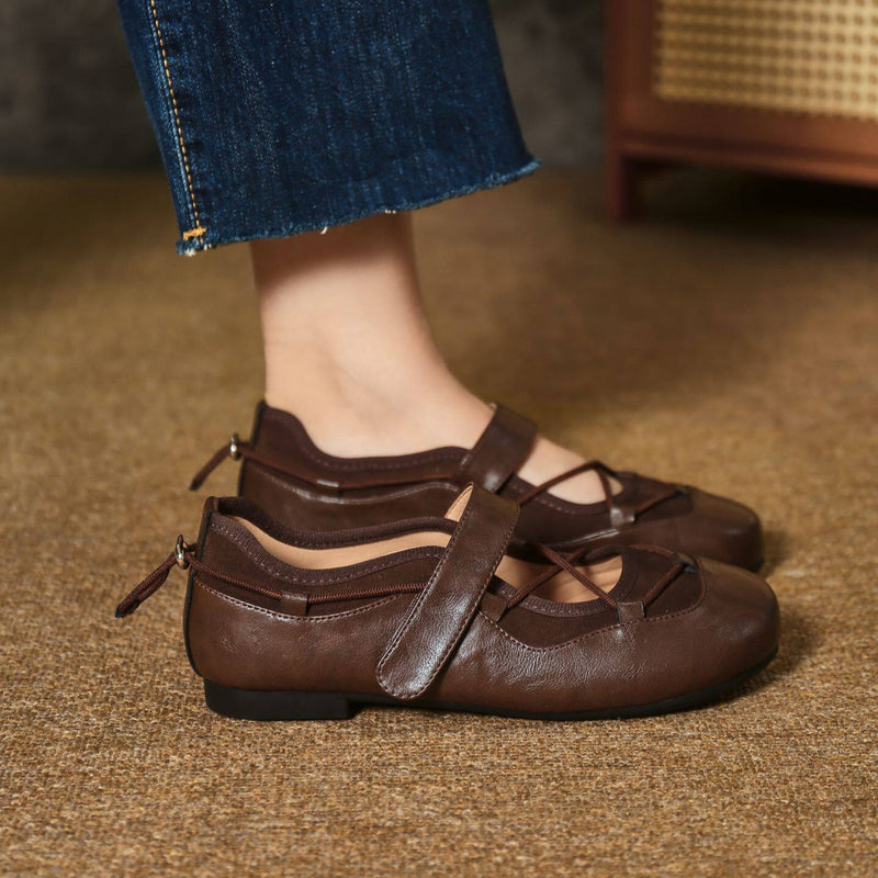 Women's Round Toe Velcro Chunky Heel Mary Jane Shoes in Brown, side view