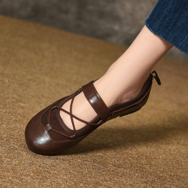 Women's Round Toe Velcro Chunky Heel Mary Jane Shoes in Brown, side view
