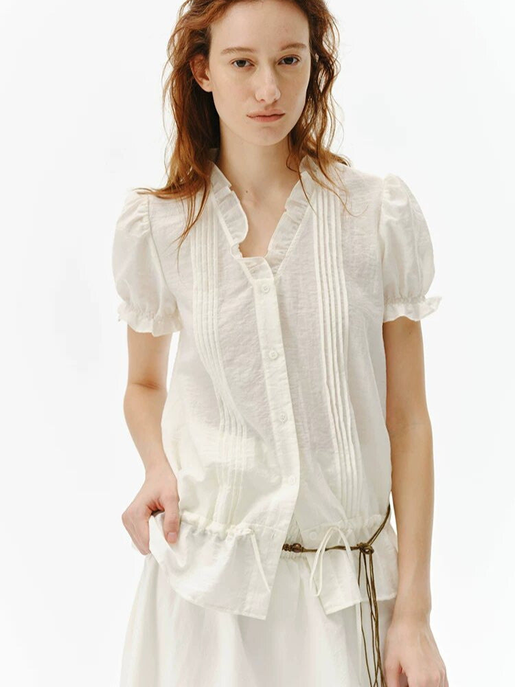Women's Ruffle Collar Puff Sleeve Top in White, front view