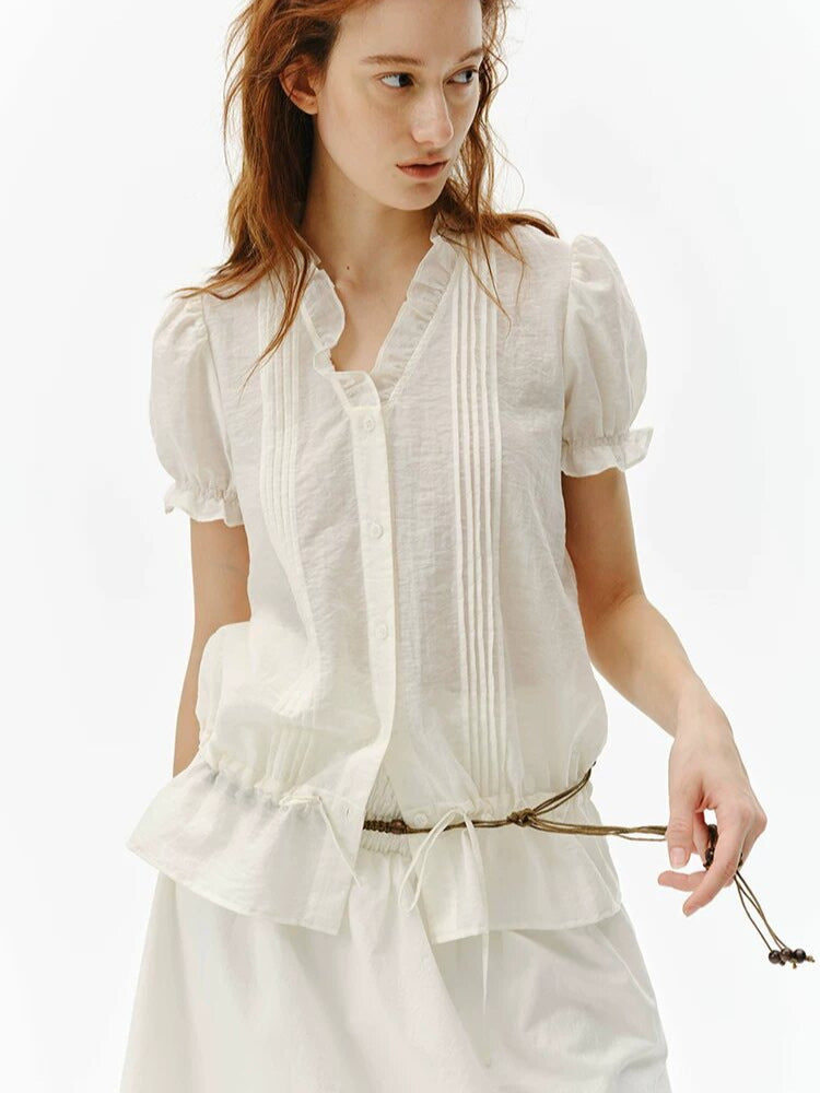 Women's Ruffle Collar Puff Sleeve Top in White, front view