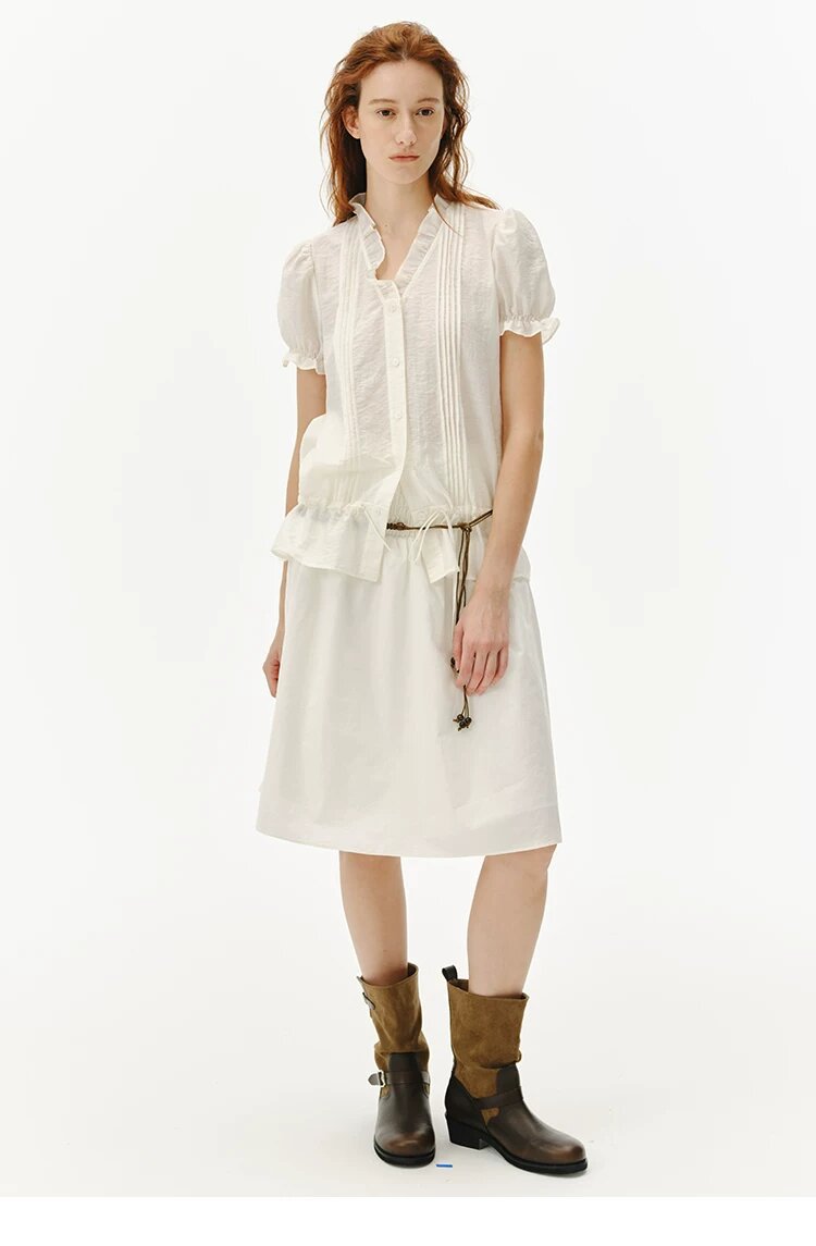 Women's Ruffle Collar Puff Sleeve Top in White, front view
