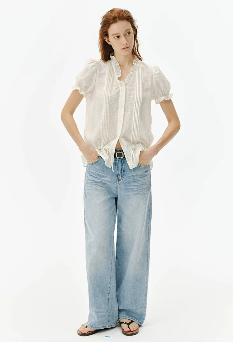 Women's Ruffle Collar Puff Sleeve Top in White, front view