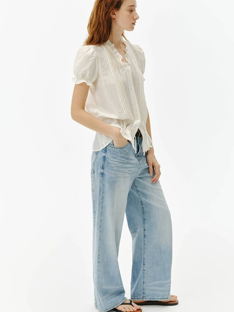 Women's Ruffle Collar Puff Sleeve Top in White, side view