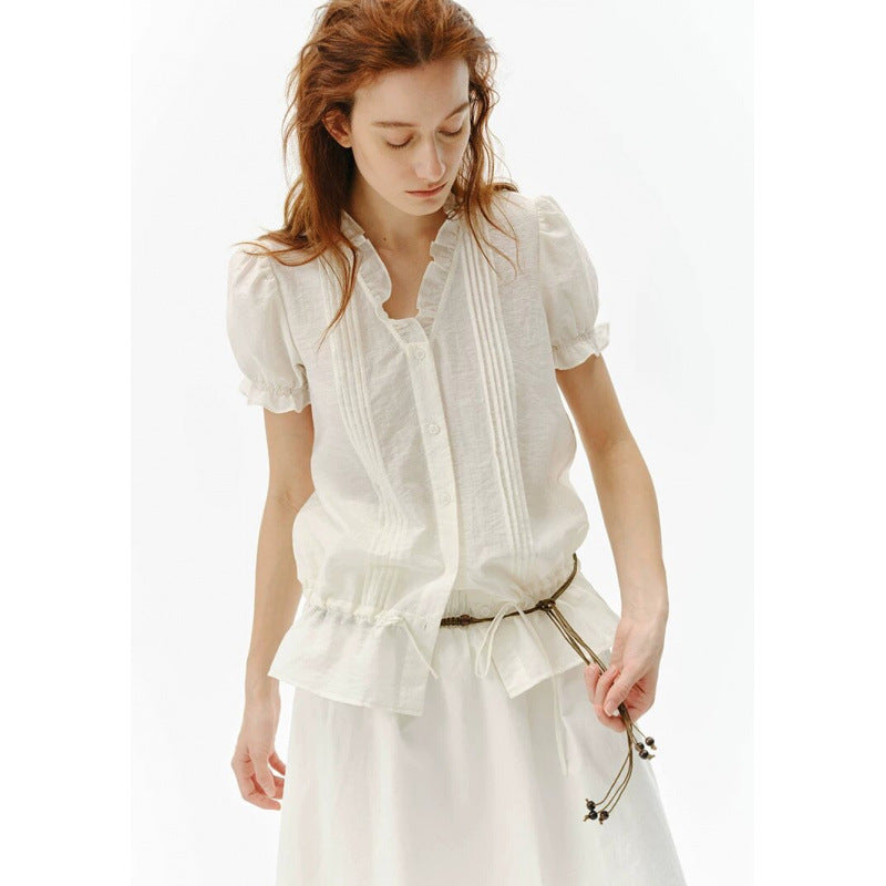 Women's Ruffle Collar Puff Sleeve Top in White, front view