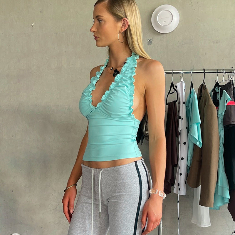 Women's Ruffle Halter Neck Backless Tank Top in Turquoise, side view