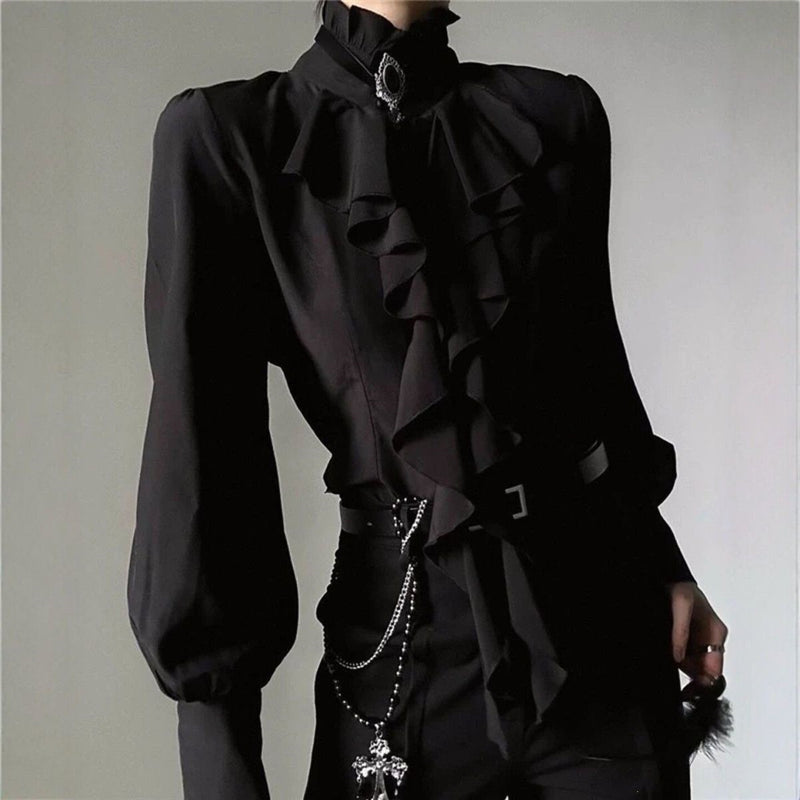 Women's Ruffled Collar Tie-Front Long Sleeve Blouse in Black Shirt + Black Pants, front view