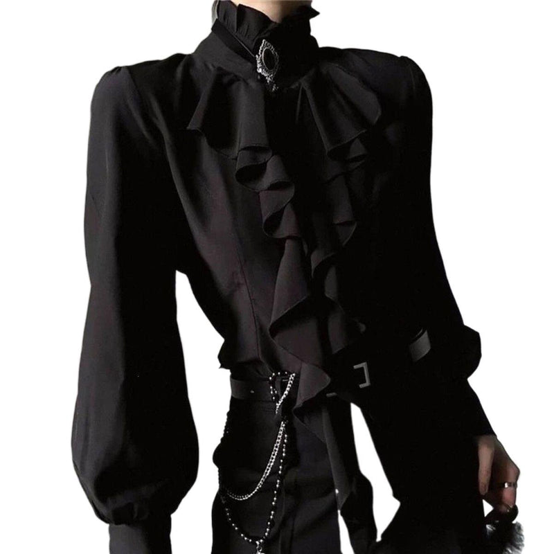 Women's Ruffled Collar Tie-Front Long Sleeve Blouse in Black Shirt Only, front view