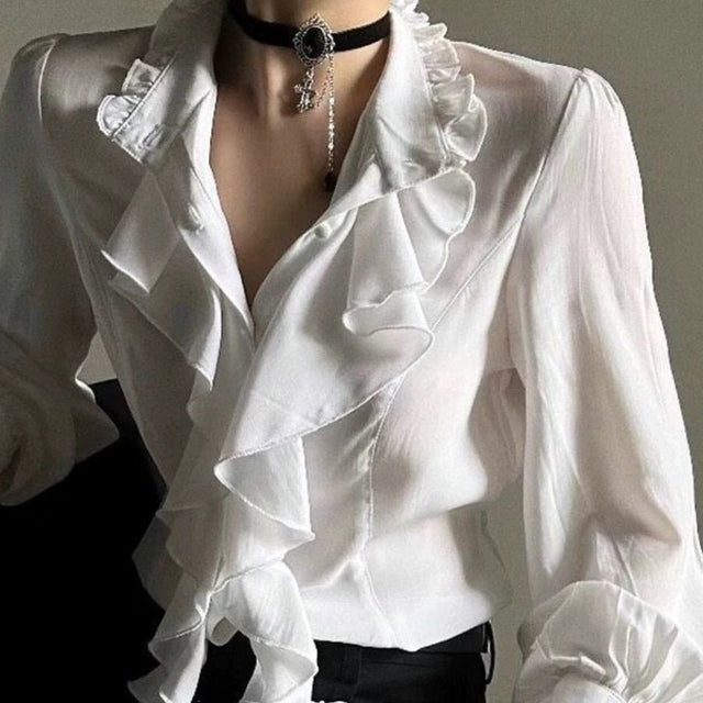 Women's Ruffled Collar Tie-Front Long Sleeve Blouse in White Shirt + Black Pants, front view