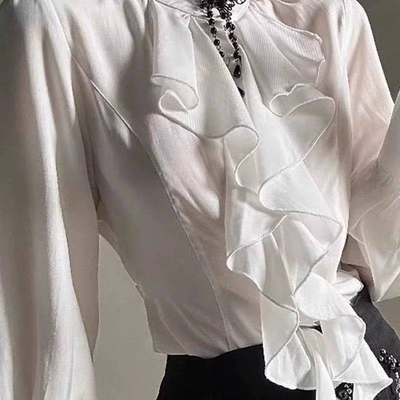 Women's Ruffled Collar Tie-Front Long Sleeve Blouse in White Shirt Only, detail