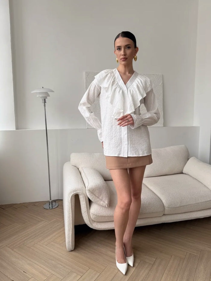 Women's Ruffled V-Neck Bell Sleeve Blouse in White, front view