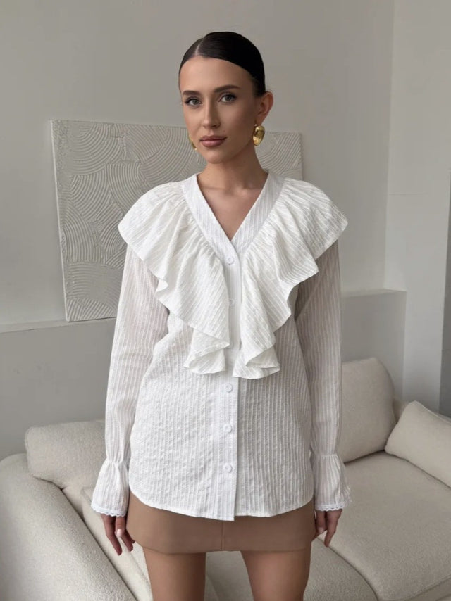 Women's Ruffled V-Neck Bell Sleeve Blouse in White, front view