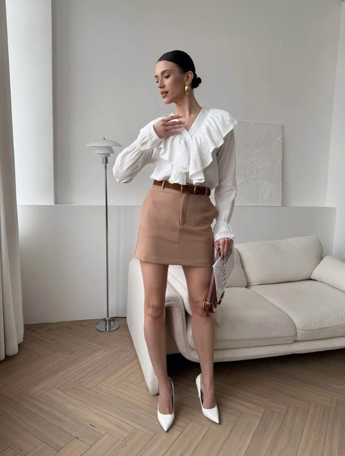 Women's Ruffled V-Neck Bell Sleeve Blouse in White, front view