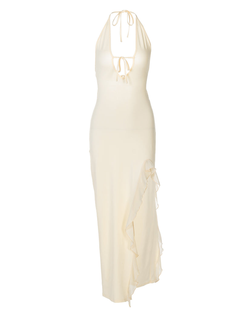 Women's Ruffled V-Neck Tie-Back Maxi Dress in Cream, front view