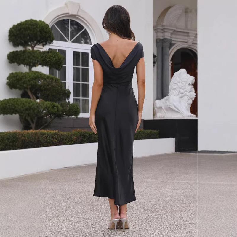 Women's Satin-Feel Round Neck Backless Maxi Evening Dress in black, back view