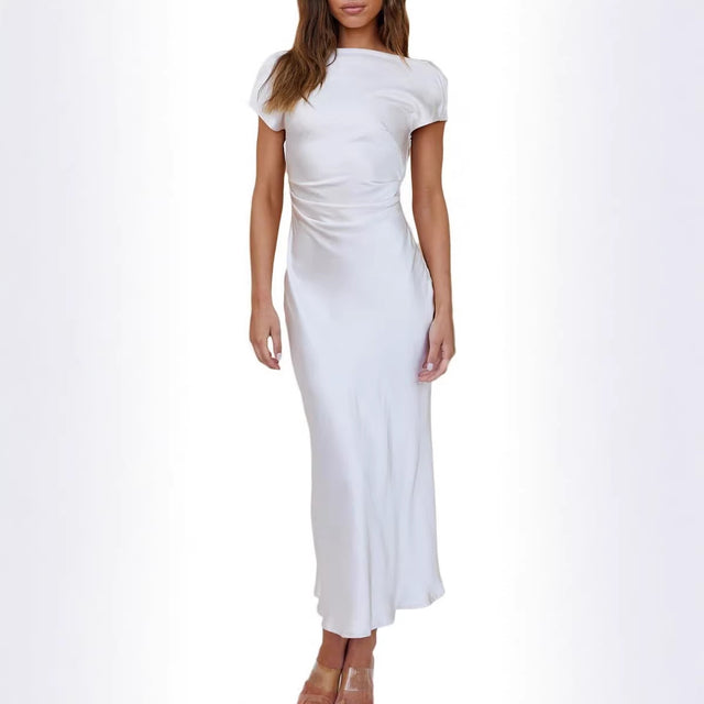 Women's Satin-Feel Round Neck Backless Maxi Evening Dress in Cream White, front view