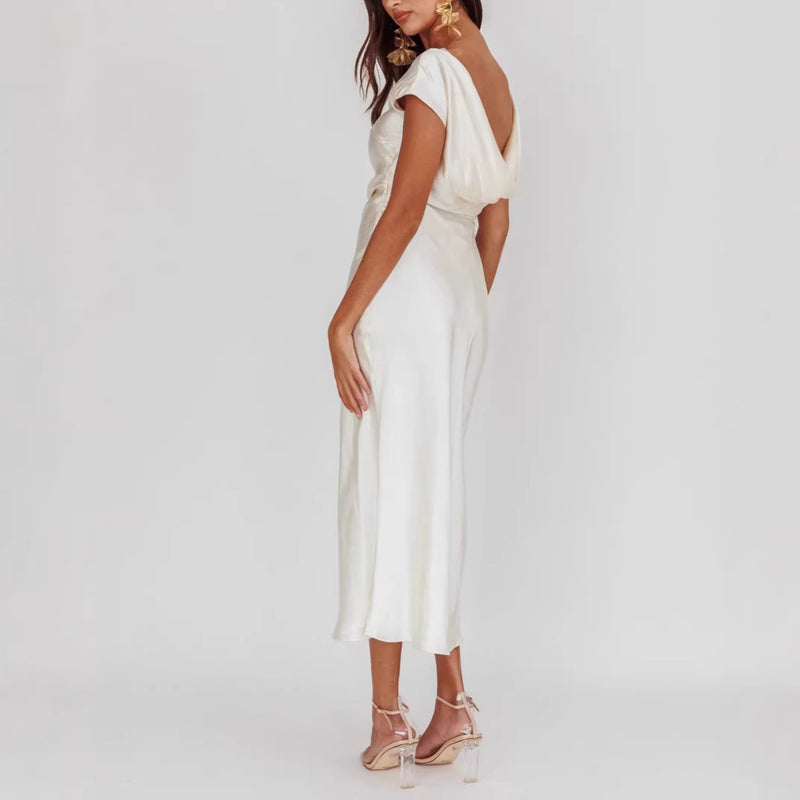 Women's Satin-Feel Round Neck Backless Maxi Evening Dress in Cream White, back view