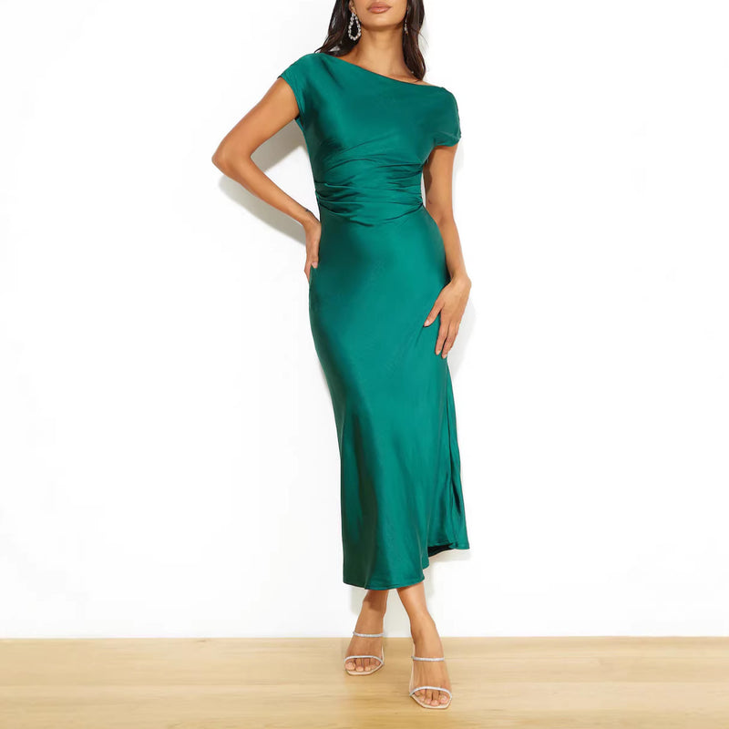 Women's Satin-Feel Round Neck Backless Maxi Evening Dress in Green, front view