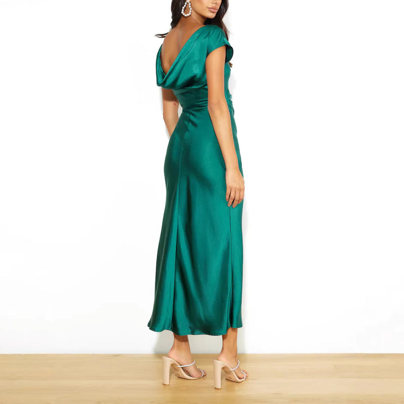 Women's Satin-Feel Round Neck Backless Maxi Evening Dress in Green, back view